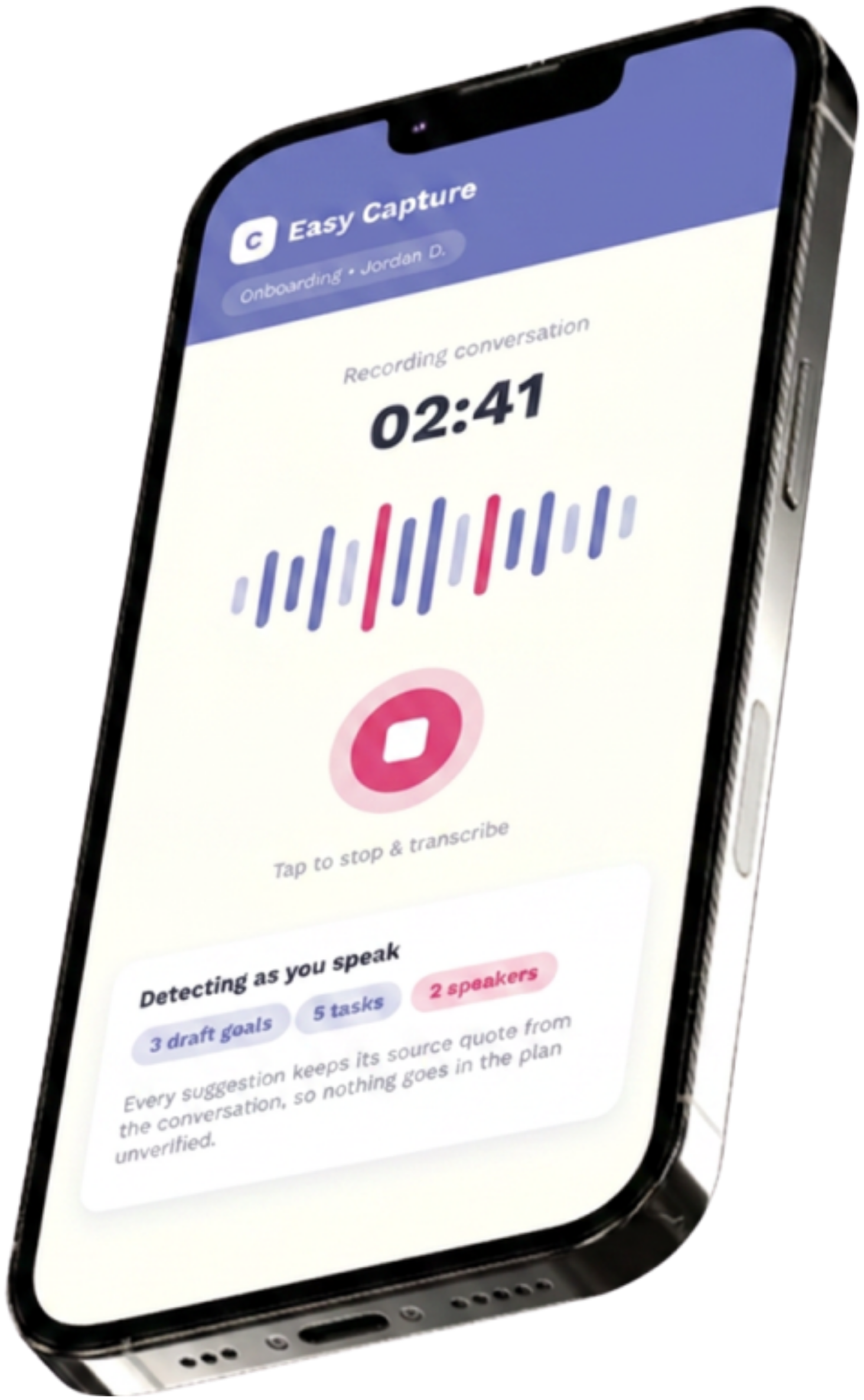 CareCliQ Easy Capture screen, recording a conversation and drafting goals and tasks live